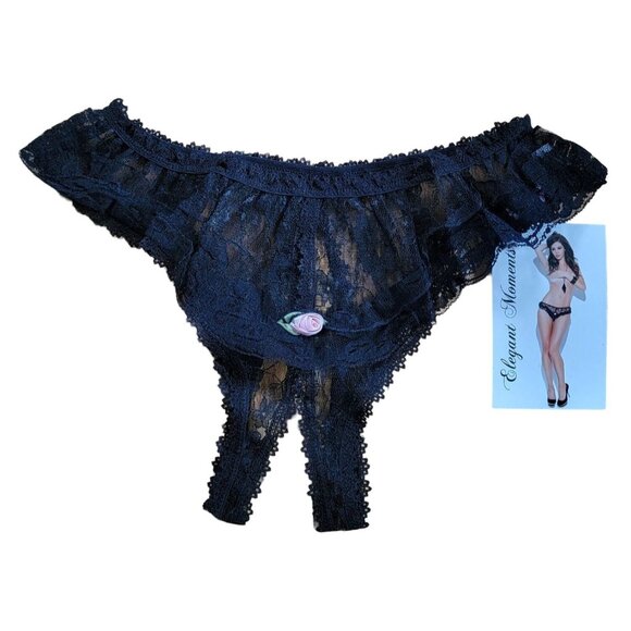 Elegant Moments Black Floral Lace Crotchless Panties One Size Pink Rose Accent - Picture 2 of 11
